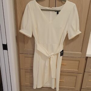 Express Cream Midi Dress with Tie Waist